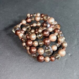 Bronze Copper Faux Pearl and Crystal Beaded Coil Memory Wire Wrap Bracelet
